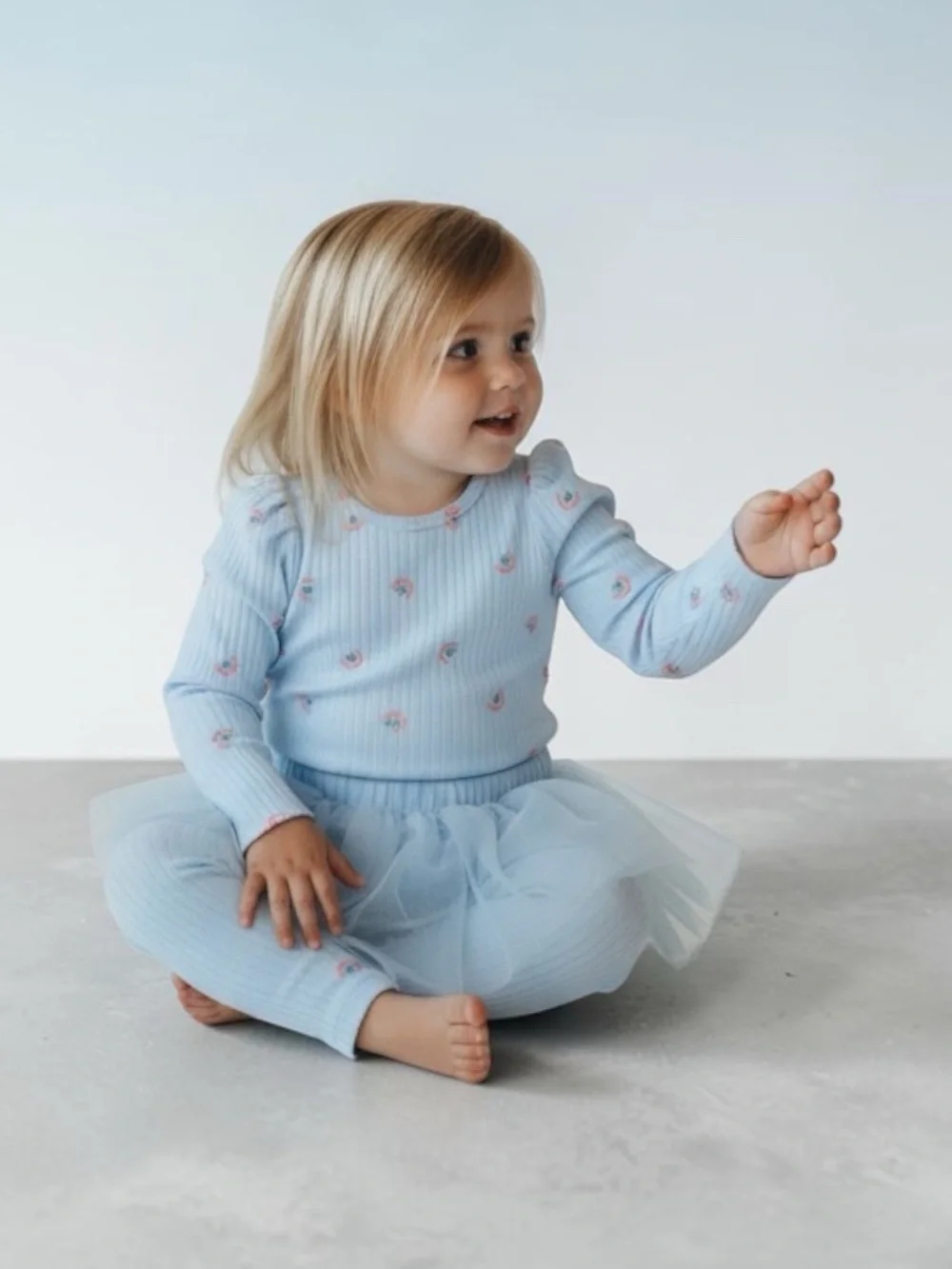 wonder nation Light Blue Ribbed Mini Rainbow Bodysuit With Tulle Skeggings